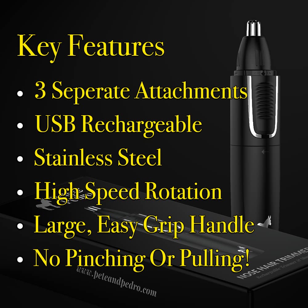 Pete & Pedro Nose & Ear Hair Trimmer – Clipper Has 3 Attachments for Nose/Ear, Eyebrows Trimming, & Facial Hair Detailing | Men & Women, Stainless Steel, Wet/Dry, USB | As Seen on Shark Tank