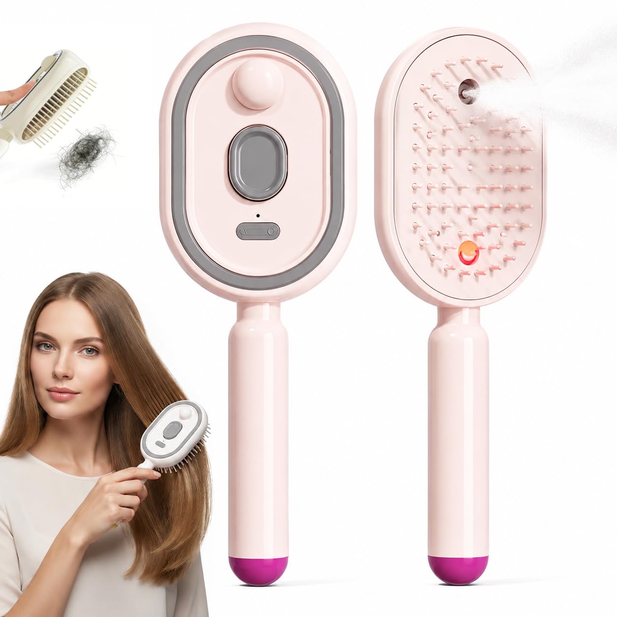 2026 New Electric Steam Brush for Hair, Upgrade Rechargeable 3 in 1 Self Cleaning Hair Brush with Water Spray, Electric Spray Air Cushion Massage Comb for Long Short Hairs Frizz Control (Pink)
