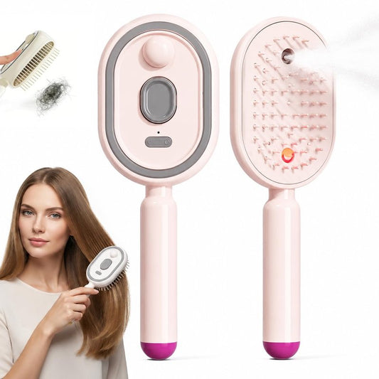 2026 New Electric Steam Brush for Hair, Upgrade Rechargeable 3 in 1 Self Cleaning Hair Brush with Water Spray, Electric Spray Air Cushion Massage Comb for Long Short Hairs Frizz Control (Pink)