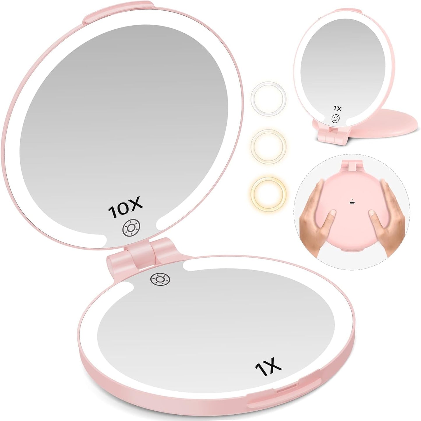 Travel Mirror with Light - 1X/10X Rechargeable Makeup Mirror | 7'' Double-Sided, 3 Color Lighting Modes, Portable Vanity - Black