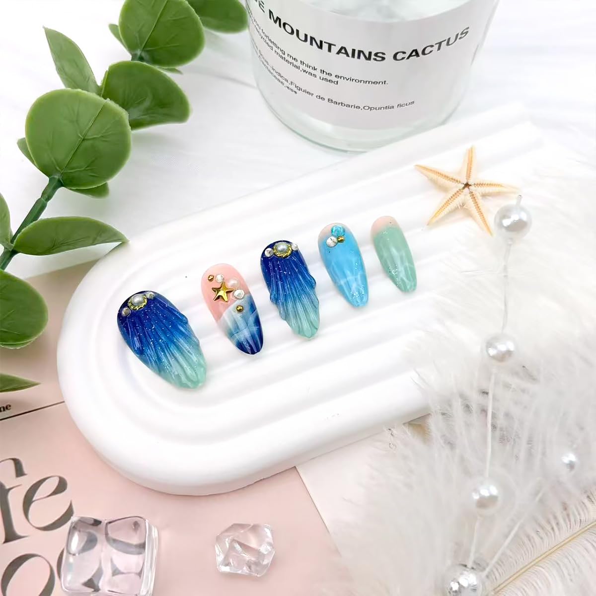 24Pcs Summer Press on Nails Medium Almond Fake Nails Blue Ocean Design 3D Gold Starfish Shell False Nails Pearl Colorful Gems Glue on Nail Glitter Summer Artificial Stick on Nails Full Cover for Women