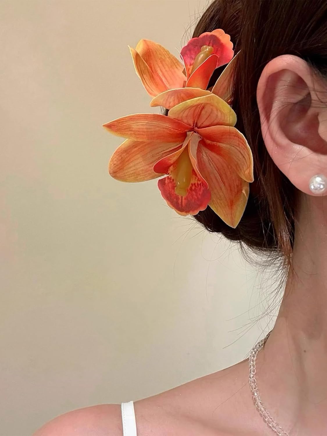 Hawaiian Flower Hair Clips - Orange Orchid Floral Hair Pins for Women | Bridal & Beach Party Decor