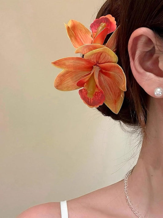 Hawaiian Flower Hair Clips - Orange Orchid Floral Hair Pins for Women | Bridal & Beach Party Decor