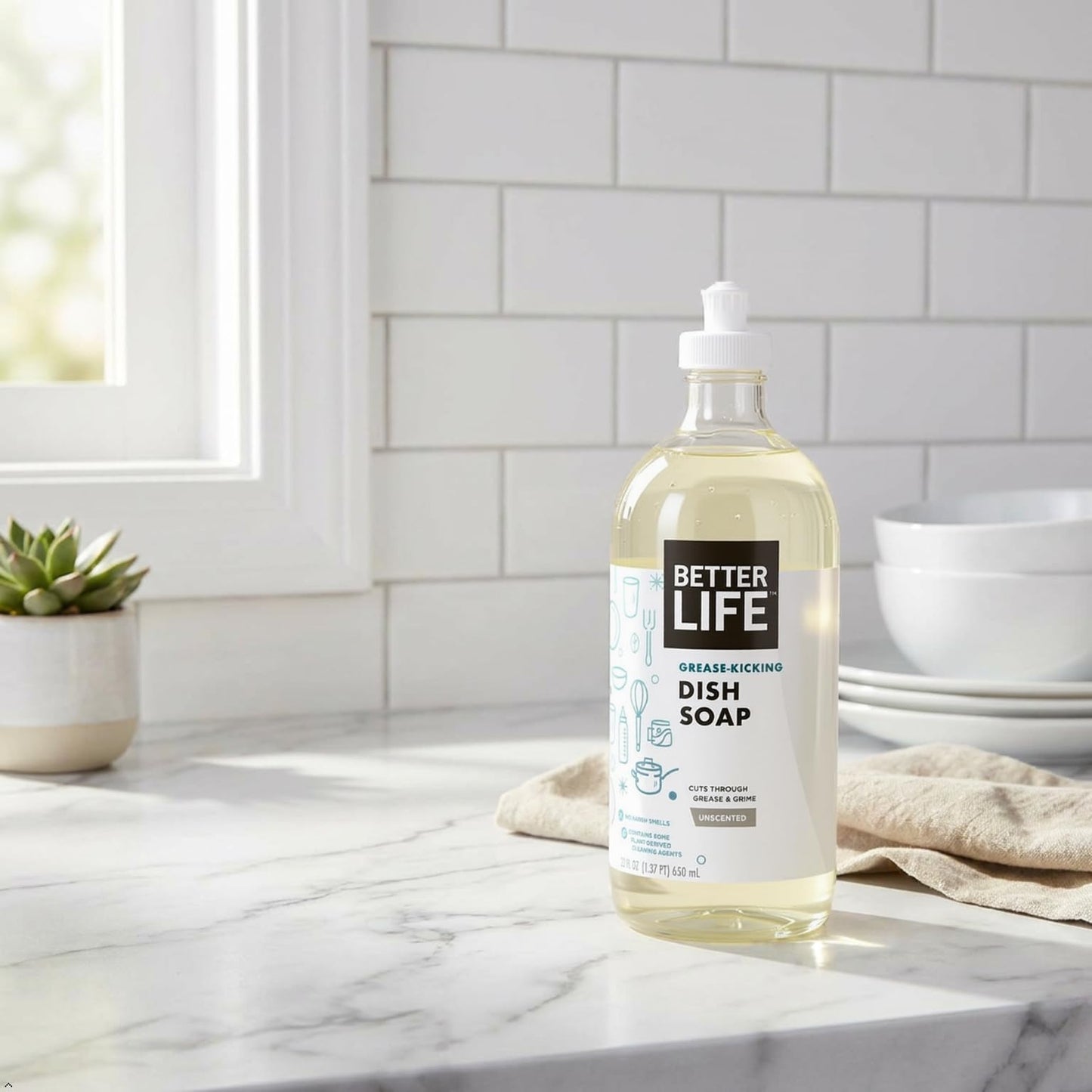 Better Life Dish Soap - Liquid Dishwashing Soap with Vitamin E and Aloe for Home & Kitchen Sink - No Gloves Required Kitchen Soap for Sensitive Skin - 22oz (Pack of 2) Unscented
