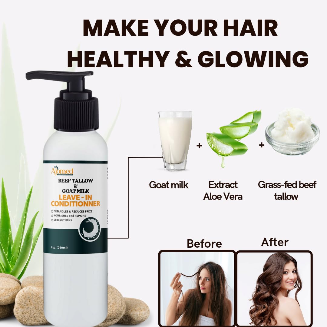 Beef Tallow & Goat Milk Leave-In Conditioner - Anti-Frizz Hair Detangler & Moisturizer for Dry, Damaged Hair | 8 Fl Oz