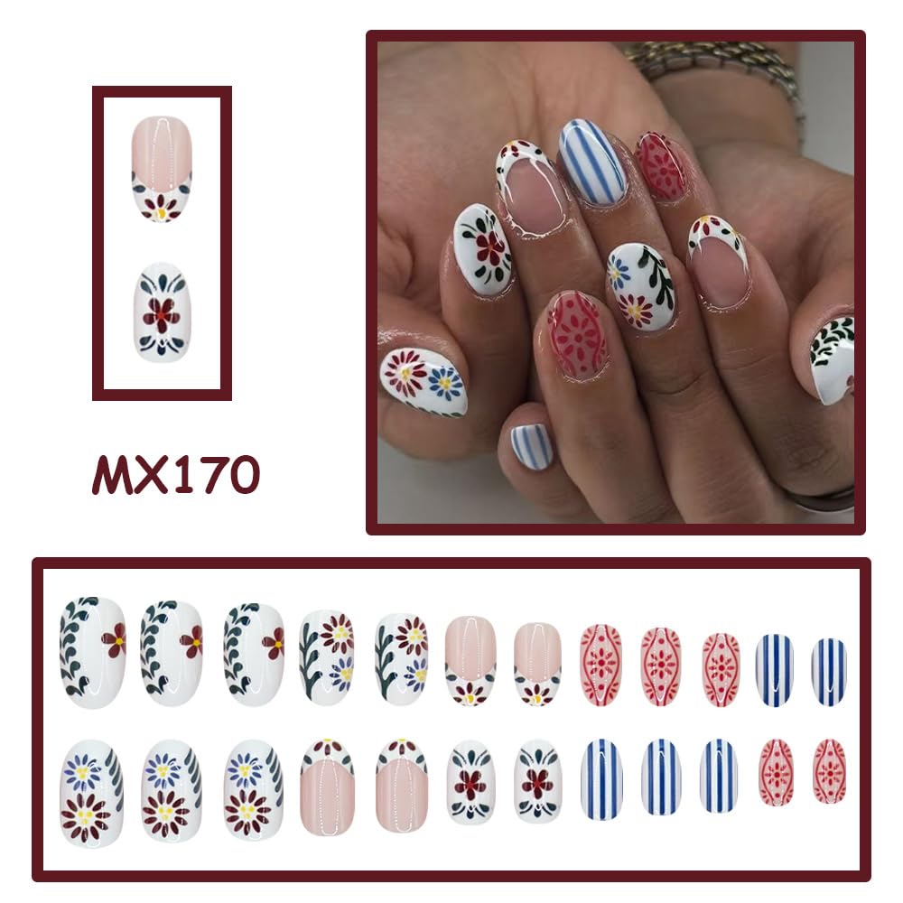 Spring Summer Press on Nails Medium Oval Fake Nails French Tip False Nail with Designs Striped | Leaves | Flowers,Cute Reusable Glue on Nail Full Cover Stick on Nails for Women Manicure 24Pcs