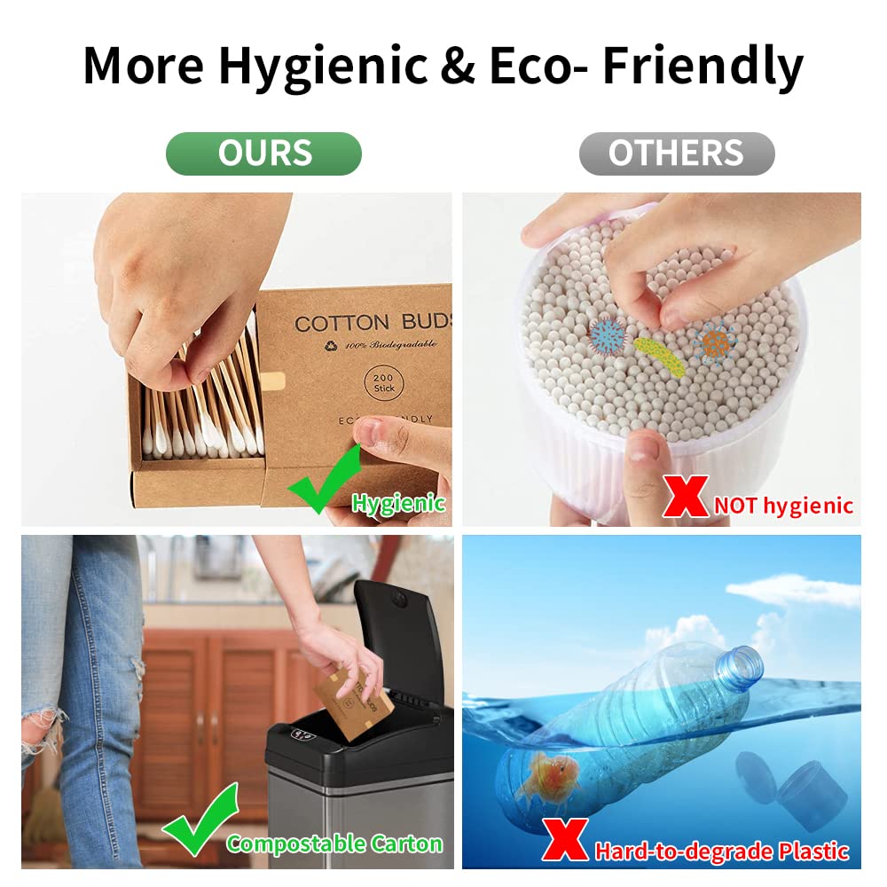 Bamboo Cotton Swabs - 400 Count Vegan Ear Buds | Natural Wooden Double-Tipped Organic Cotton for Ear Wax Removal