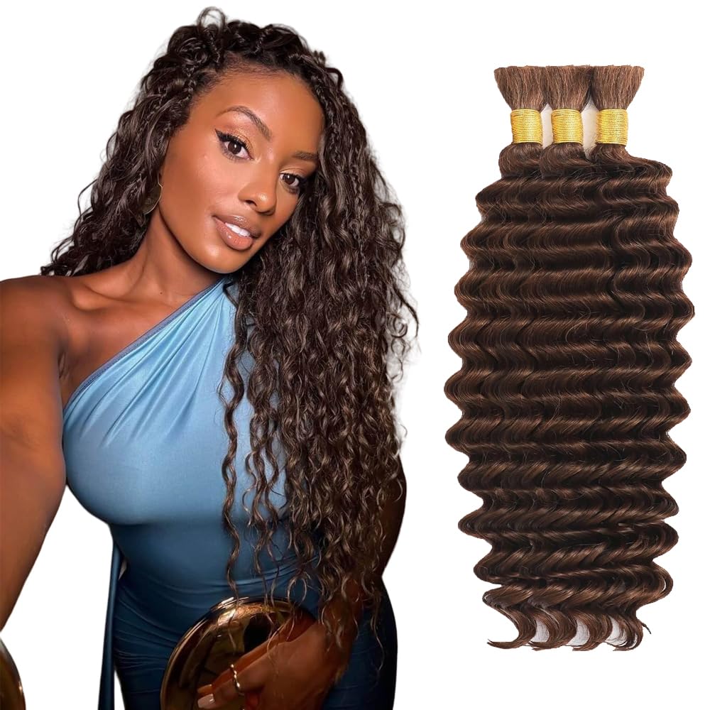 32 32 32 Inch #4 Human Braidng Hair For Boho Braids Chocolate Brown Crochet Human Hair Braiding Deep Wave Braids 3 Bundles/Pack Chocolate Brown Color 150g