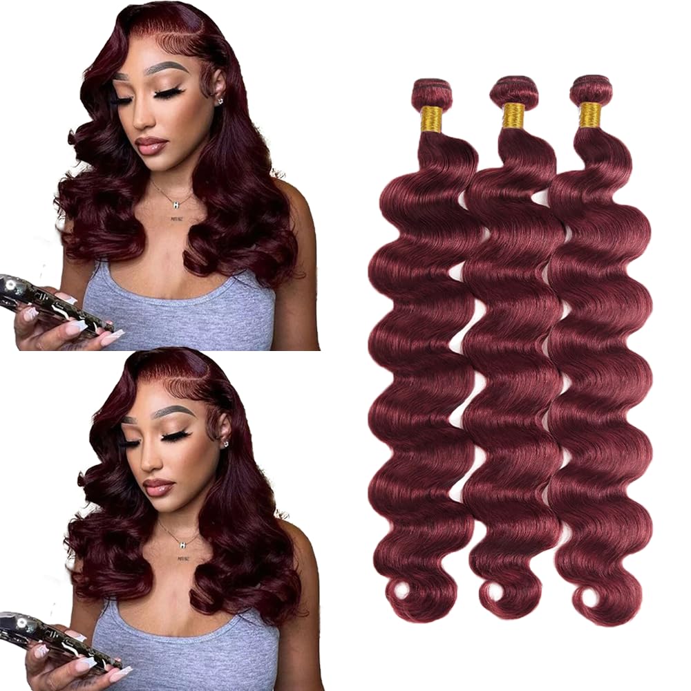 #99J Wine Red Human Hair Bundles Body Wave Bundles 20 20 20 Inch Burgundy Unprocessed Brazilian Virgin Hair 3 Bundle 50 Gram Per Bundle Deals Quick Weave Hair Extensions