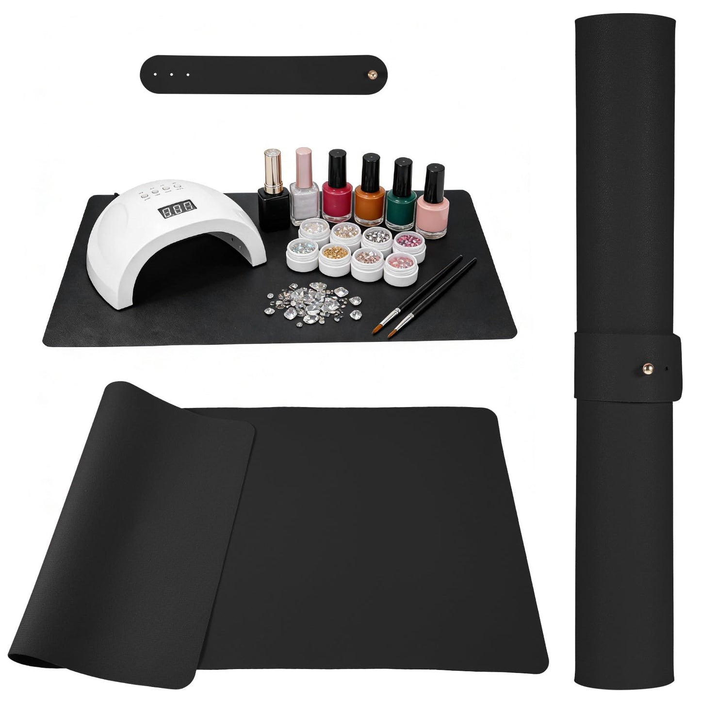 23.6 x 11.8in Foldable Nail Art Table Mat, Soft Microfiber PU Leather Nail Desk Mat, Double-Sided Waterproof Non-Slip Protective Pad for Nail Tech Salon, Professional Home Use, Black