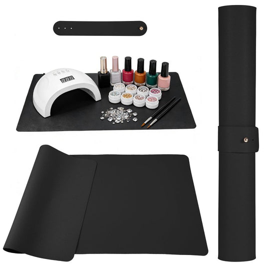 23.6 x 11.8in Foldable Nail Art Table Mat, Soft Microfiber PU Leather Nail Desk Mat, Double-Sided Waterproof Non-Slip Protective Pad for Nail Tech Salon, Professional Home Use, Black