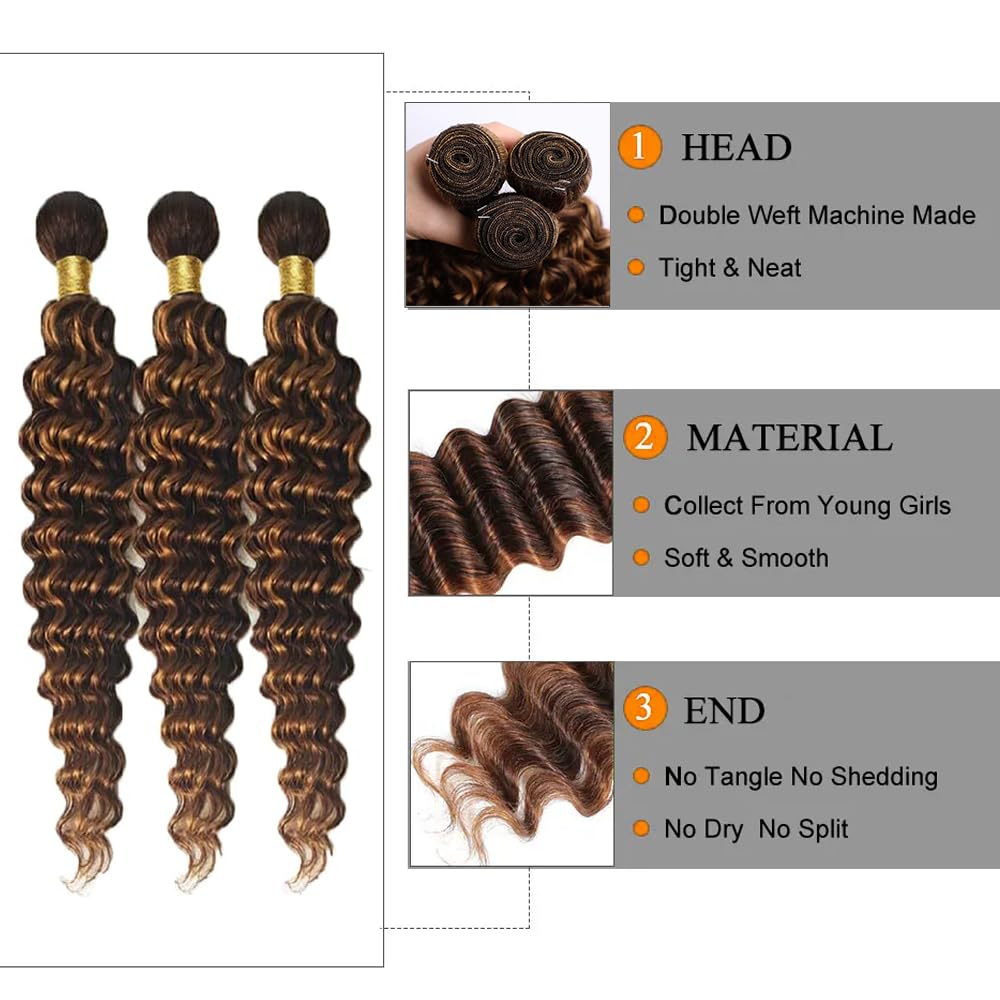 26 28 30 inch Highlight Bundles Human Hair Brown Deep Wave Bundles P430 Human Hair Bundle 2 Tone #4 and #30 Color 150g