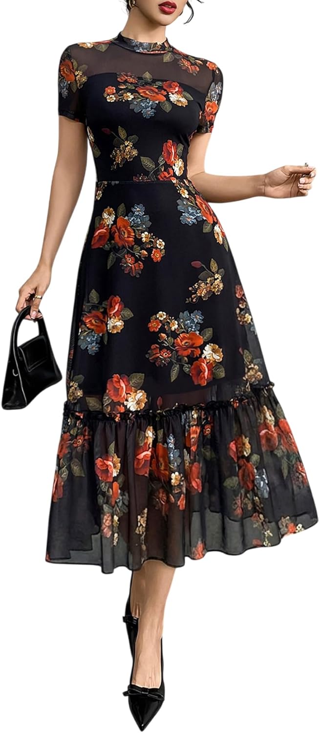 Floral Mesh Ruffle Maxi Dress for Women - Casual Summer Wedding Guest Dress | Short Sleeve, Waist-Cinched