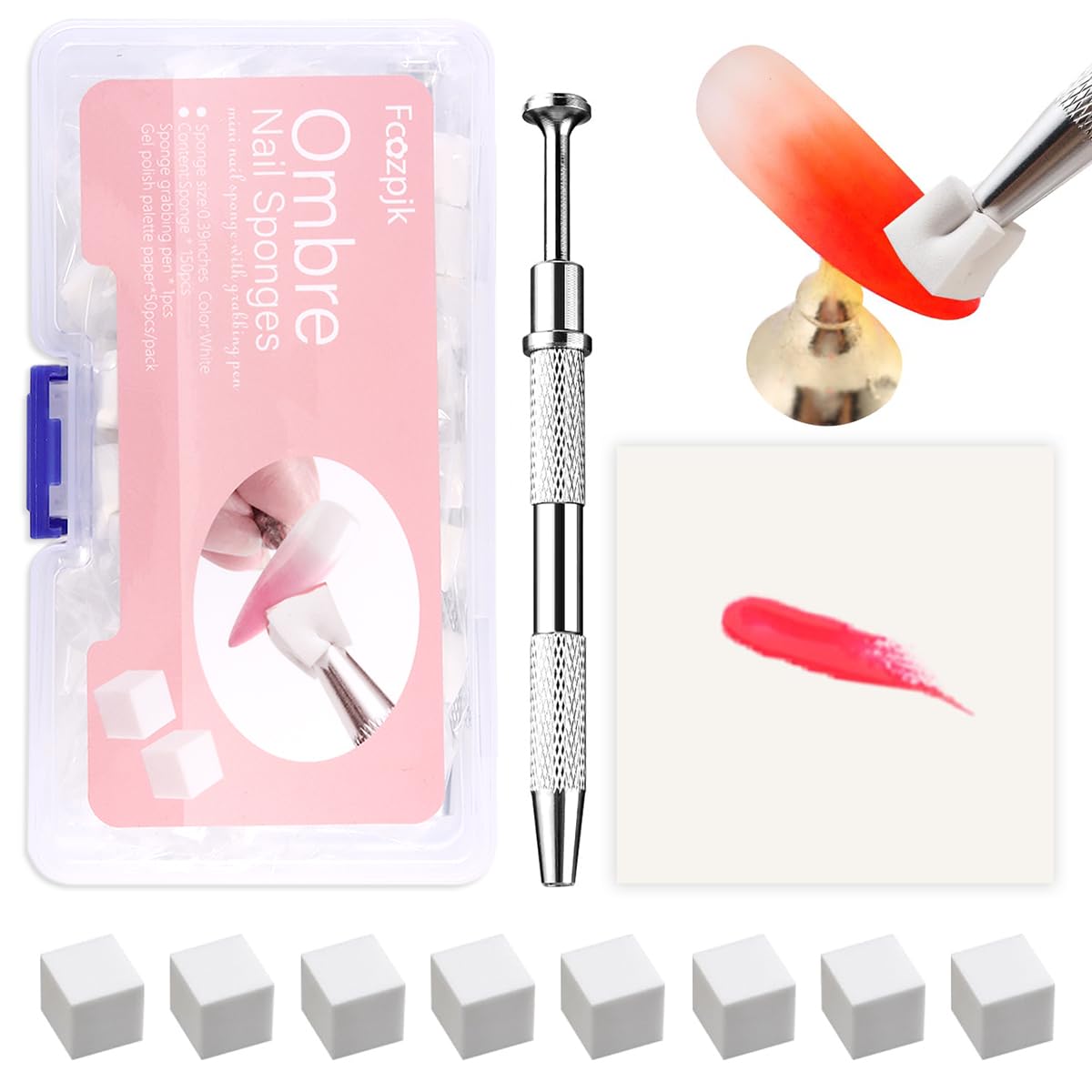 Soft Nail Sponges for Ombre & Gradient Effects - 100 Pcs White Nail Art Sponges with 6 Wedge Sponges & Grabbing Pen