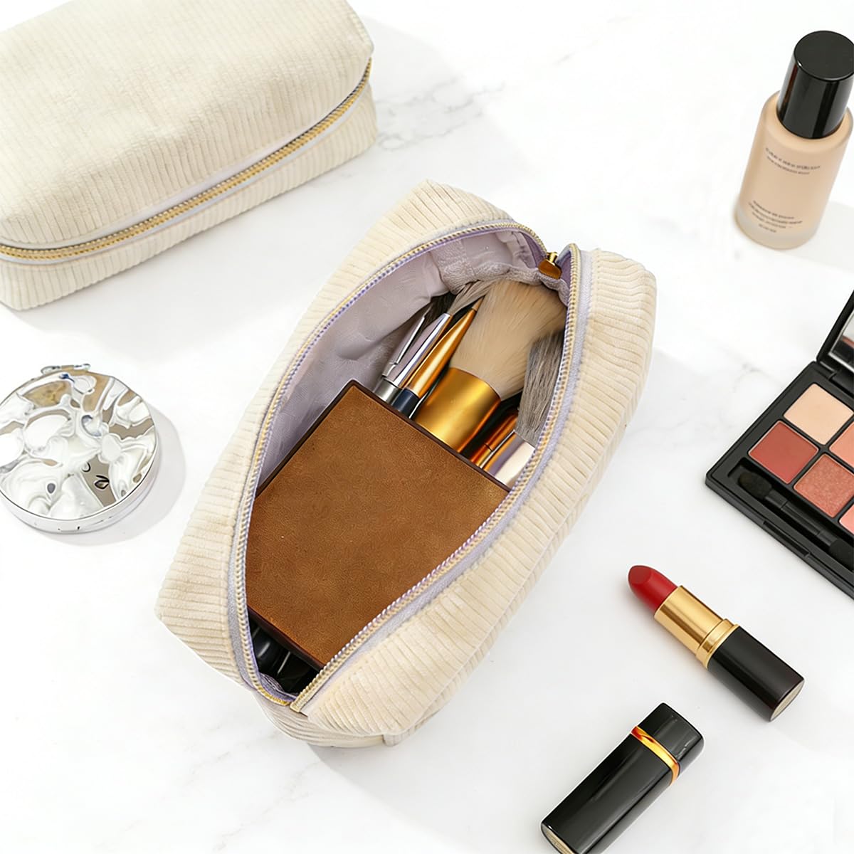 Ordeonrus 3 PCS Small Makeup Bag Set for Women Corduroy Cosmetic Bags Aesthetic Travel Toiletry Bag Cute Pencil Case for School Christmas Holiday Organizer Gifts