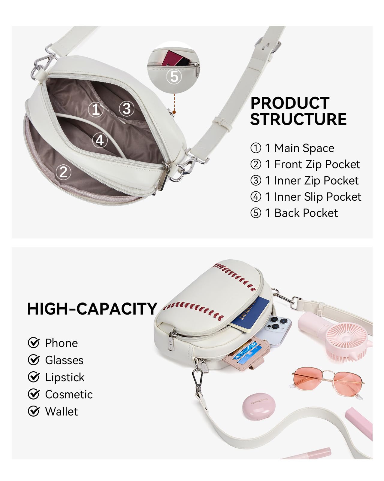 BOSTANTEN Baseball Crossbody Purses for Sport Mom Small Shoulder Bag Vegan Leather Women Handbags for Events White