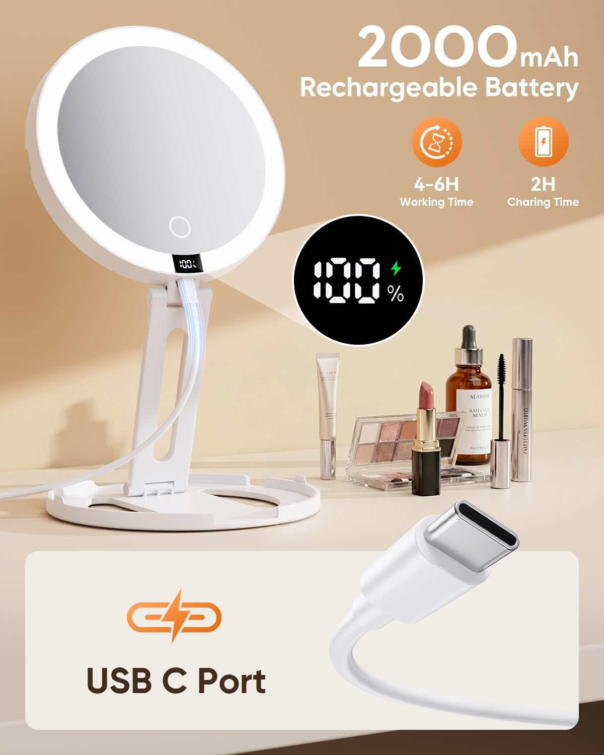 Travel Makeup Mirror with Lights - 20X/1X Dual-Sided Magnifying | Rechargeable, Dimmable, Portable Folding Design