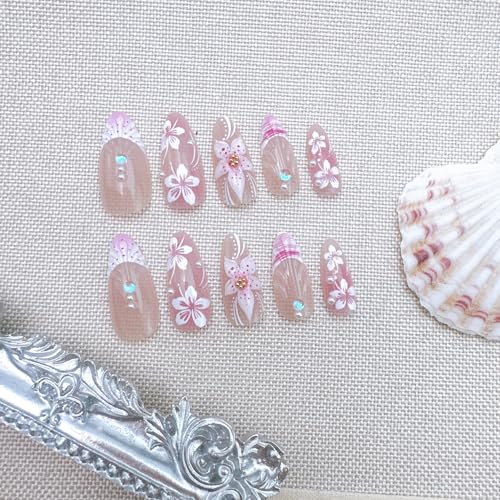 24 Pcs Pink Flower Press-On Nails with Pearl Rhinestones
