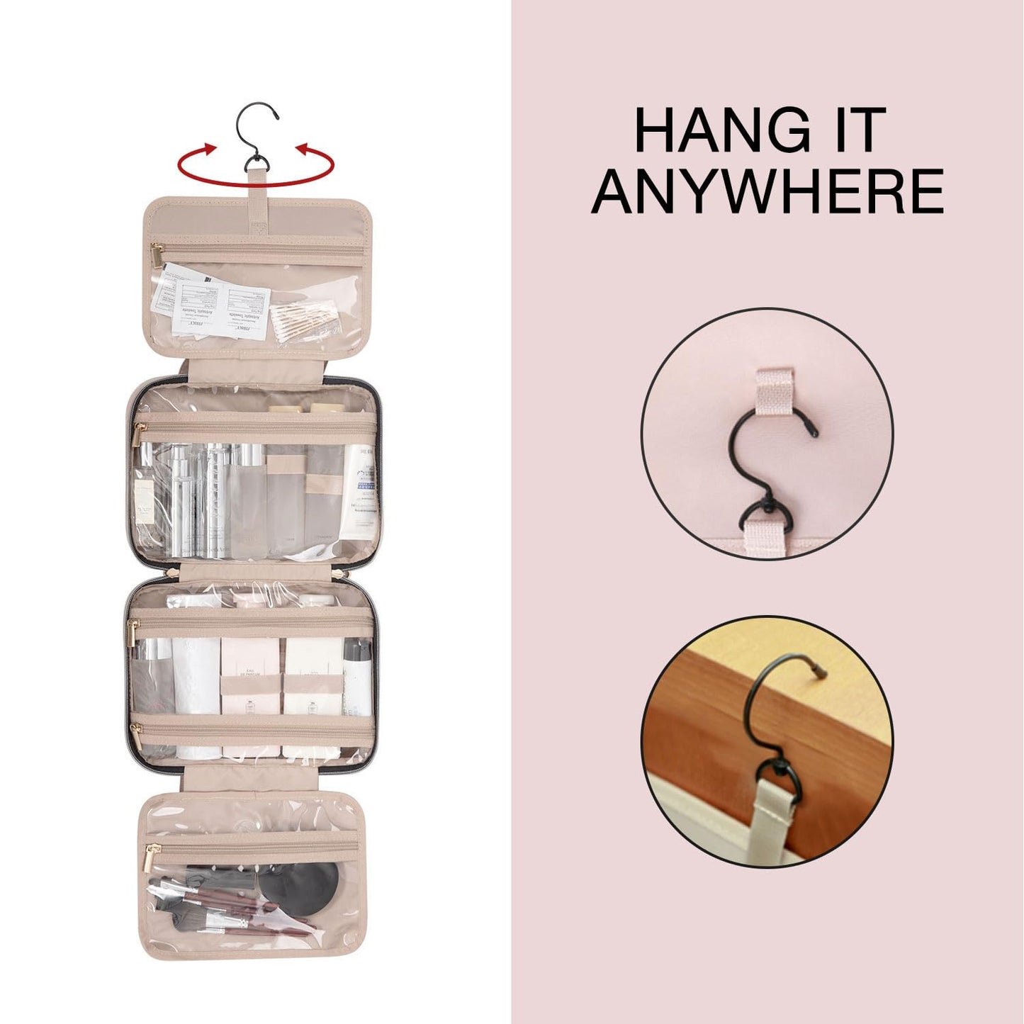 Toiletry Bag | Water-Resistant Travel Organizer with Hanging Hook - Medium Baby Pink