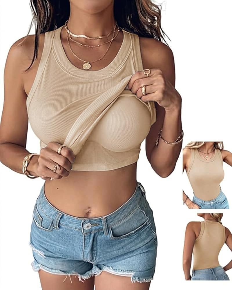 Women’s Built-In Bra Tank Top - Sleeveless Racerback Ribbed Fitted Shirt | Casual Style