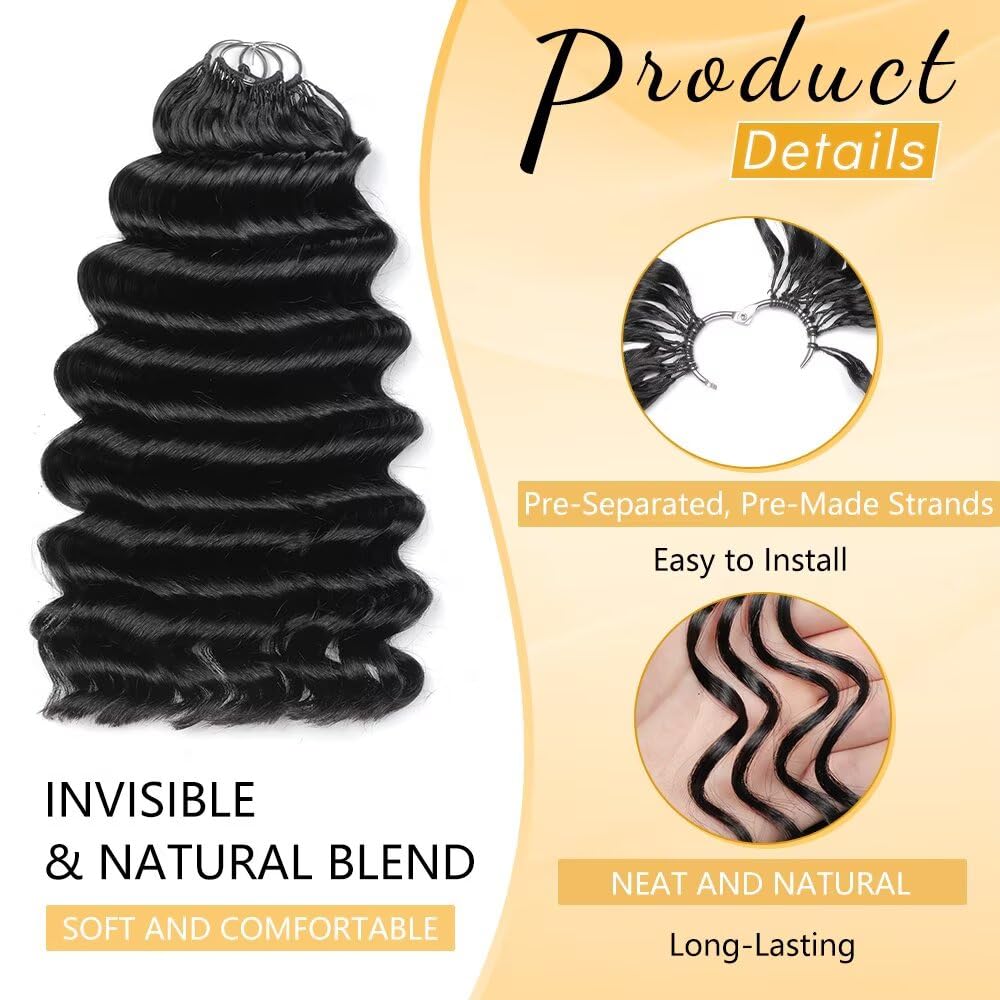Human Crochet Hair - 24 Inch Deep Ocean Wave Curly Bundles | 75g Pre-Separated Feather Extensions in Natural Black