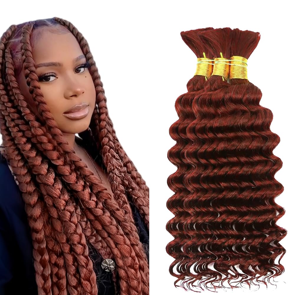 #33 Human Braiding Hair For Boho Braids Reddish Brown Human Braiding Hair Knotless 12A Deep Wave Bulk Bohemian Copper Red Braids 3 Bundles/Pack 150g 16 16 16 Inch