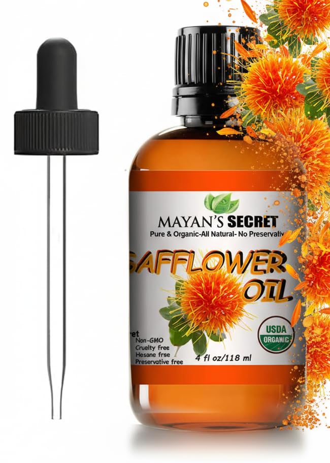 Organic Safflower Oil for Skin & Hair - High Oleic, Cold-Pressed, 100% Pure, Non-GMO, Vitamin E Rich, 4 oz