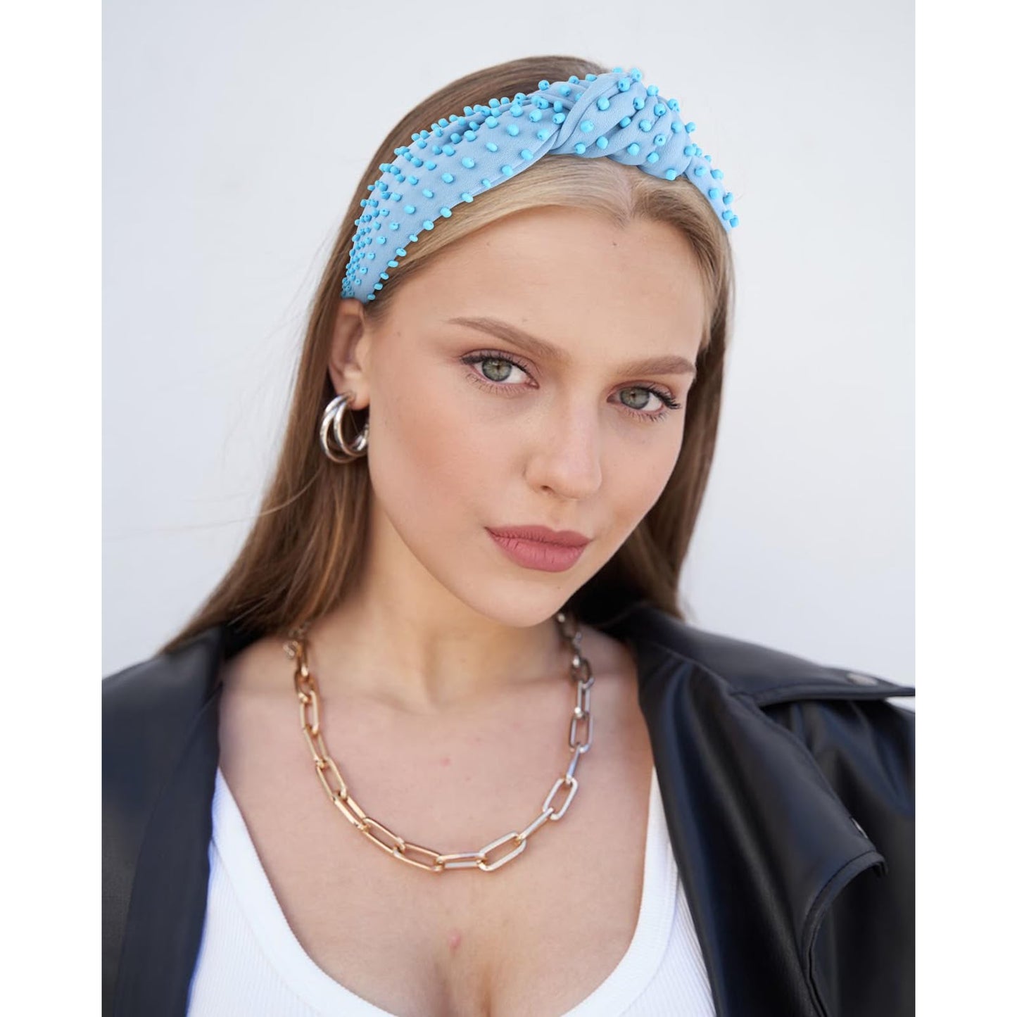 YISSION Light Blue Knotted Headband for Women - Wide Beaded Hair Hoop, Stylish Hair Accessory for Daily Wear, Parties & Casual Outfits