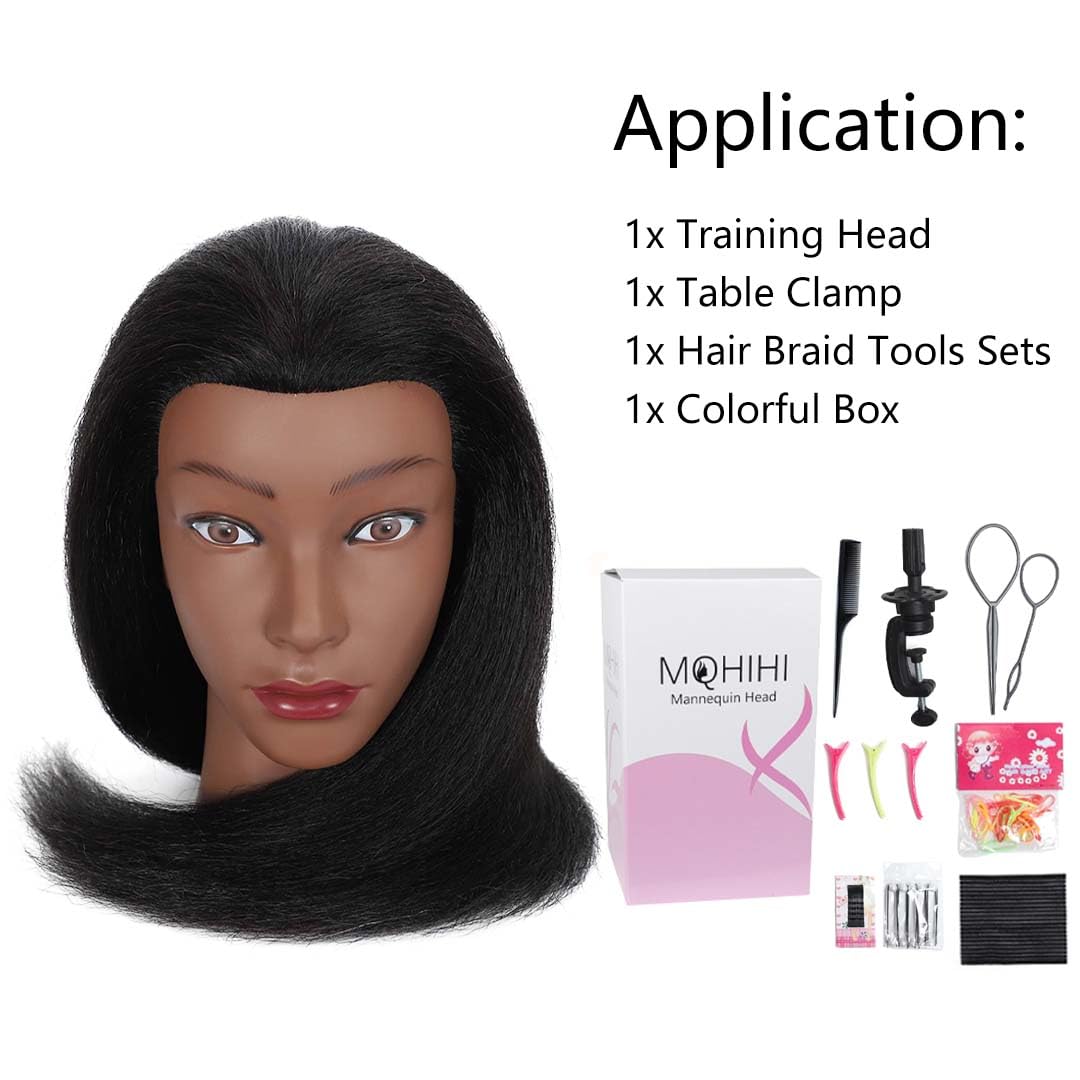 Mannequin Head - 100% Real Human Hair Cosmetology Practice Doll | 16 Inch with Clamp Holder & Tools