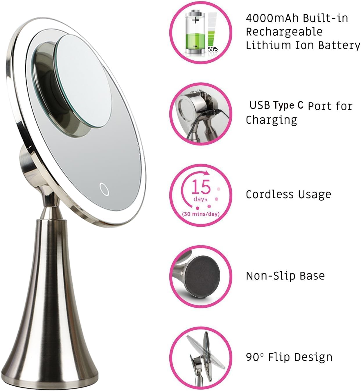 Lighted Makeup Mirror - 9-Inch Dual Magnifying 5x/10x | Adjustable Brightness, 360° Rotation, Rechargeable