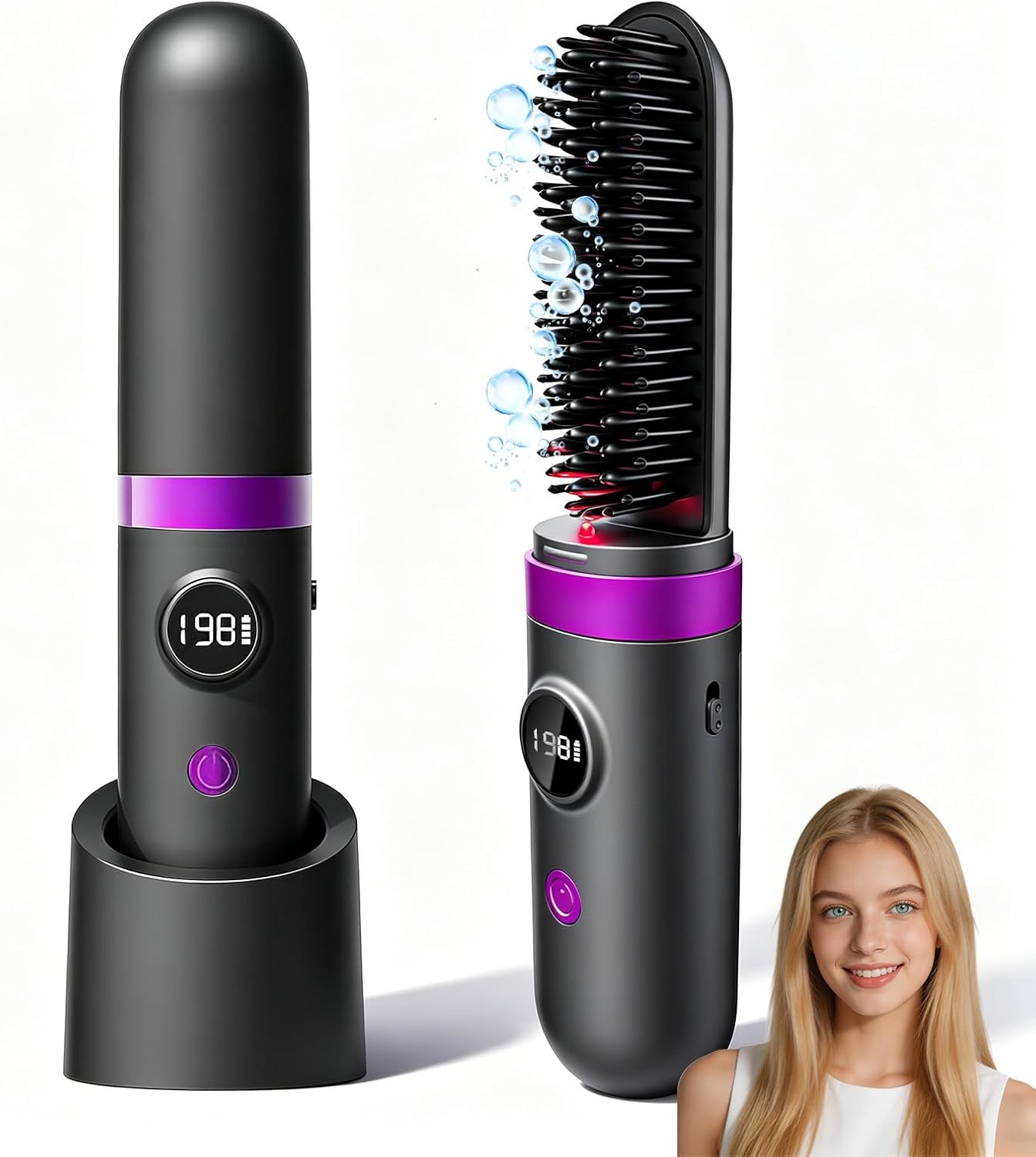 Go Brush Pro Cordless Hair Straightener Brush - Portable Ionic Hot Comb with Infrared Light | 3 Temperature Settings for Travel Use
