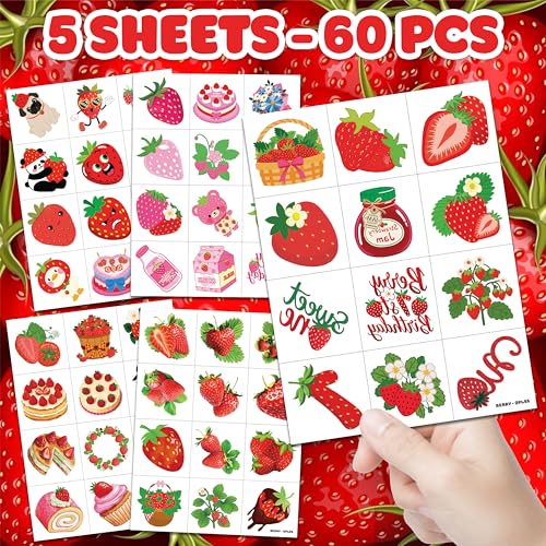 60 PCS Strawberry Temporary Tattoos for Kids - Fun Party Favors