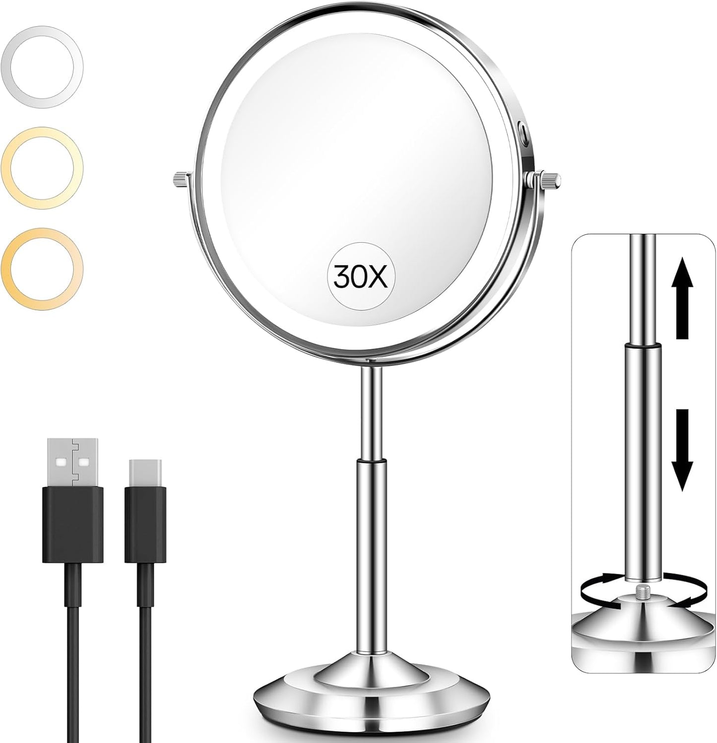 30X/1X Makeup Mirror with Lights - Adjustable Height, 3 Lighting Modes & Rechargeable | Perfect Gift for Women