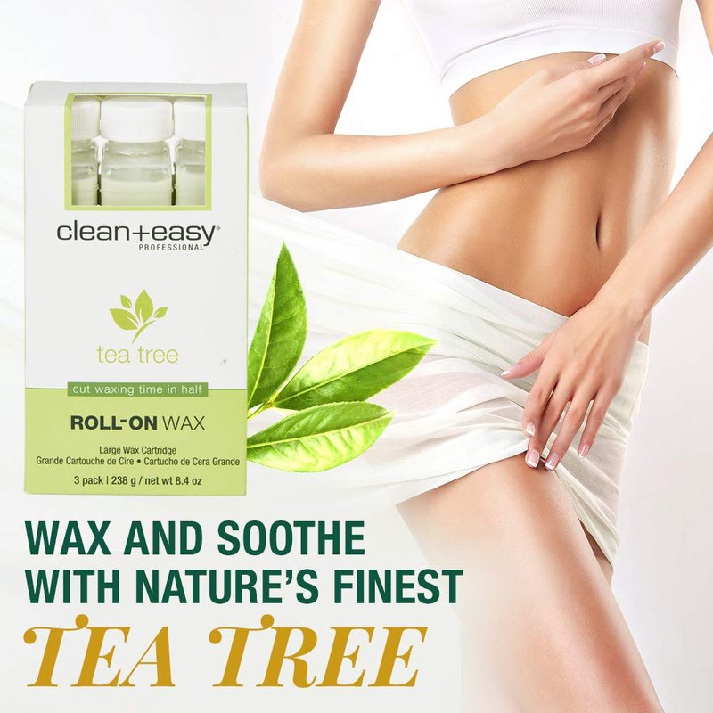Clean + Easy Tea Tree Roll On Wax – Large, Soft Wax Refill Cartridge for Hair Removal on Sensitive Skin, Legs & Body, 3 Pack