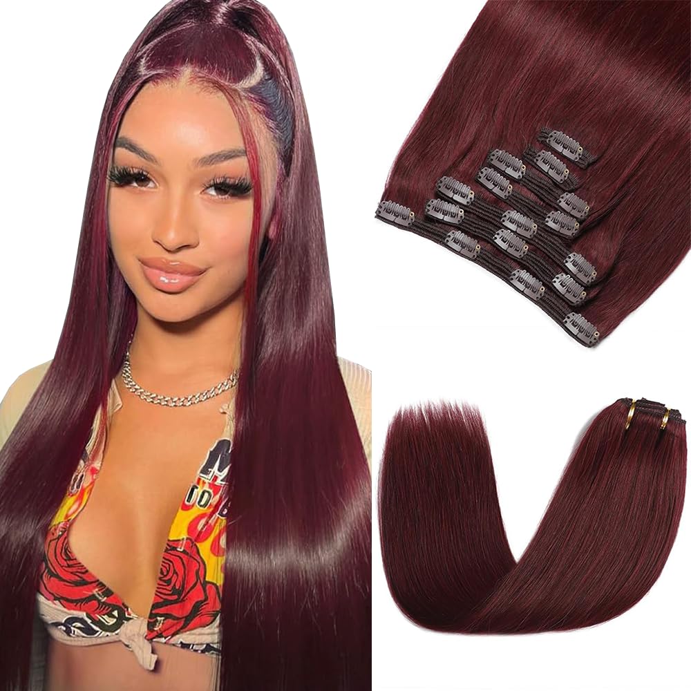 99J Clip in Hair Extensions Real Human Hair, 20 Inch 120g/7Pcs,Full Shine Burgundy Remy Hair,#99J Burgundy Straight Clip ins Hair Brazilian Virgin Human Hair Extensions