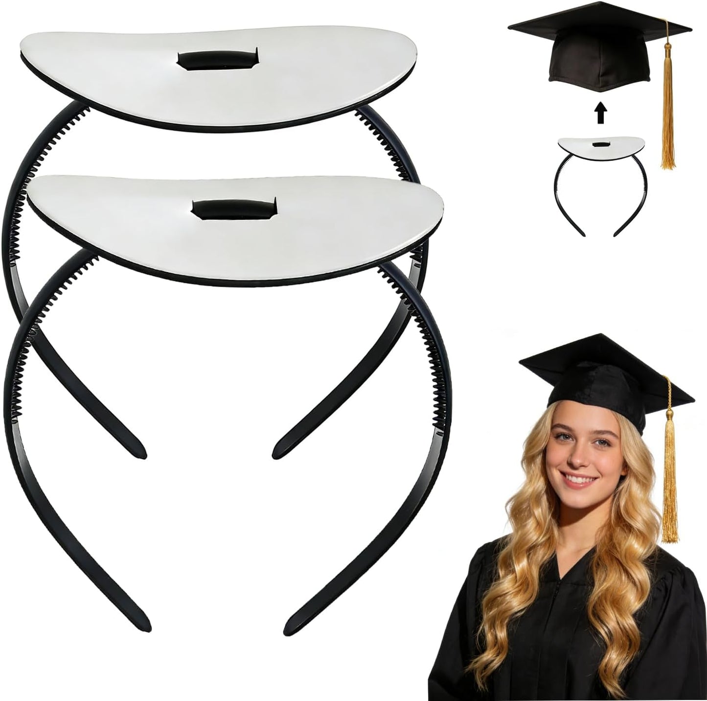 Graduation Cap Headband Insert - Firm Anti-Fall Hair Band Holder for Secure Grad Hat & Hairstyle | 2 Pack