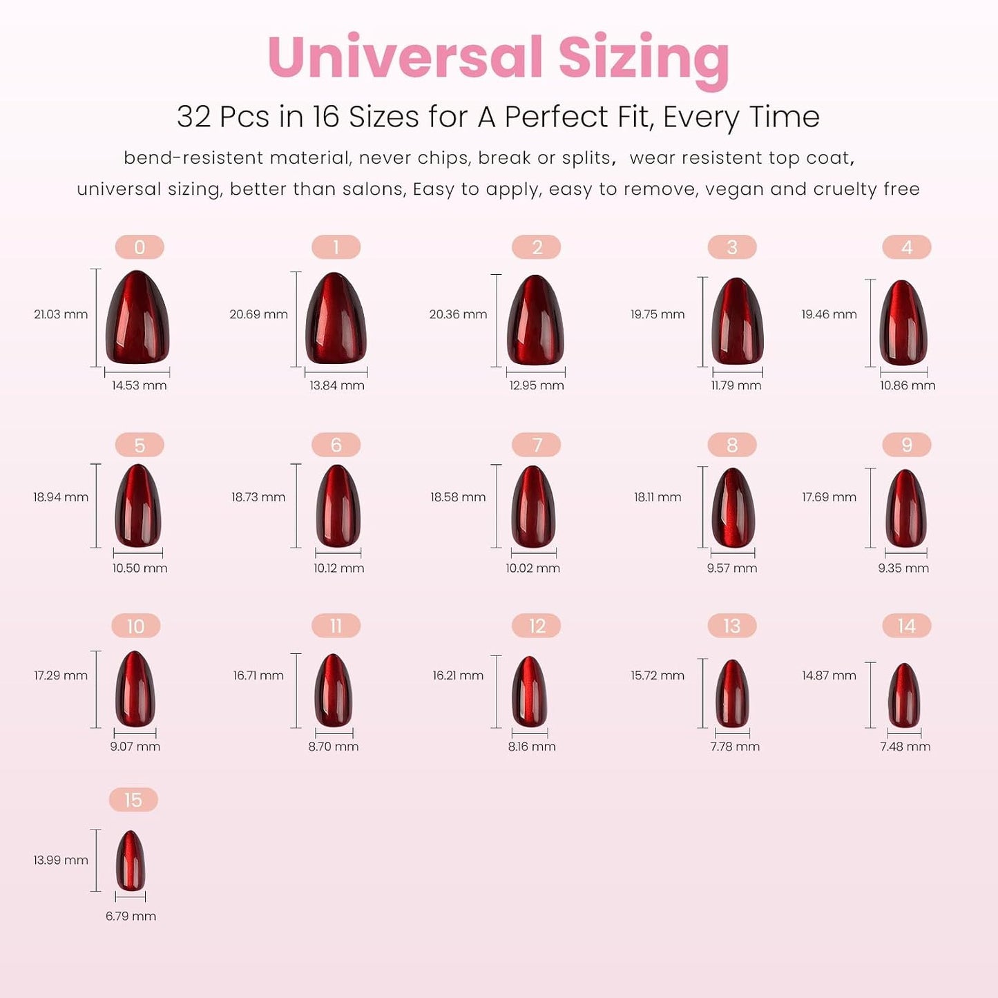 Burgundy Red Press On Nails - Short Almond Cat Eye Velvet Finish | 32 Pcs in 16 Sizes, Reusable Stick On Nails Kit for Women
