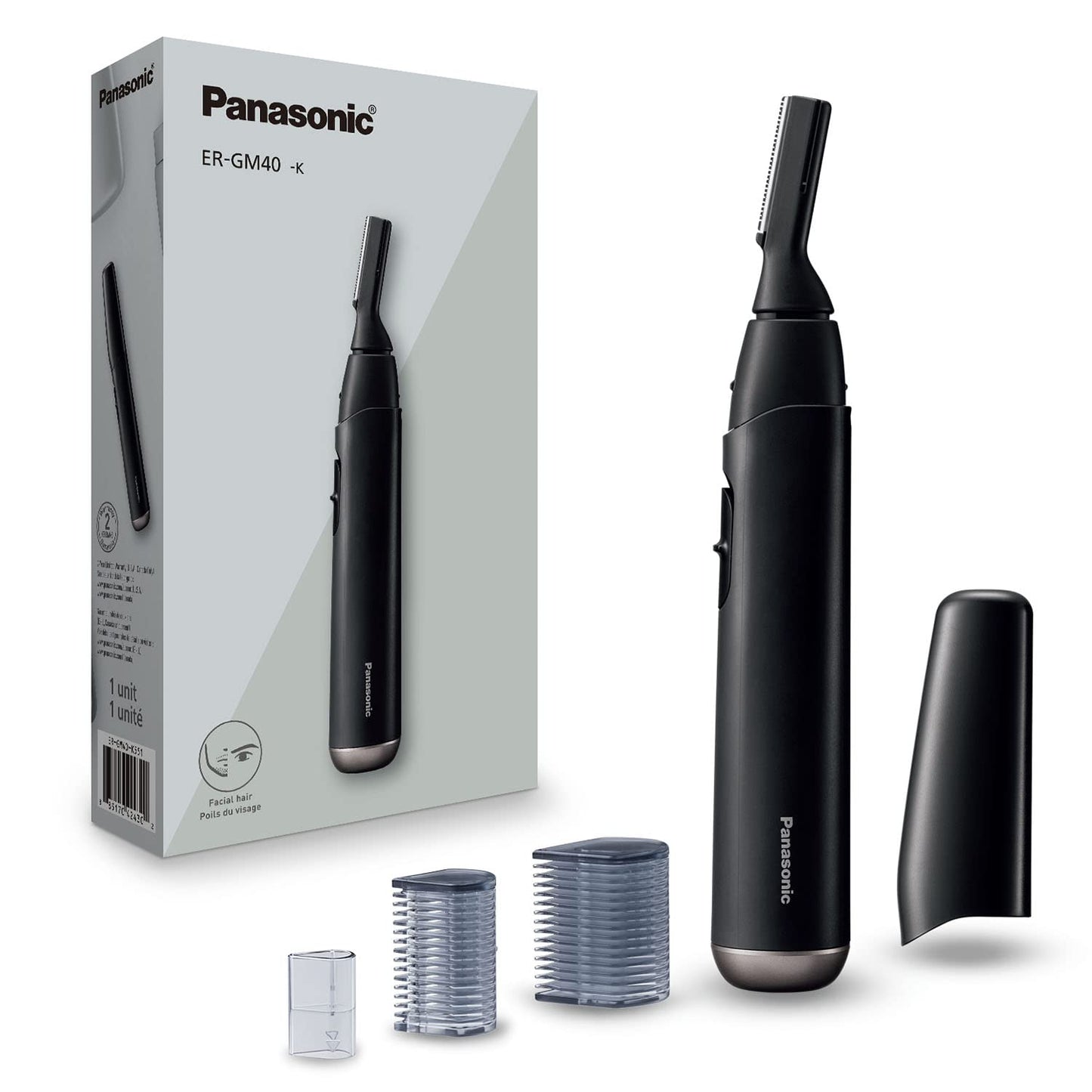 Facial Hair Trimmer for Sensitive Skin - Unisex Detailer with Flexible Head & 2 Eyebrow Attachments | Wet/Dry Use - ER-GM40-K (Black)