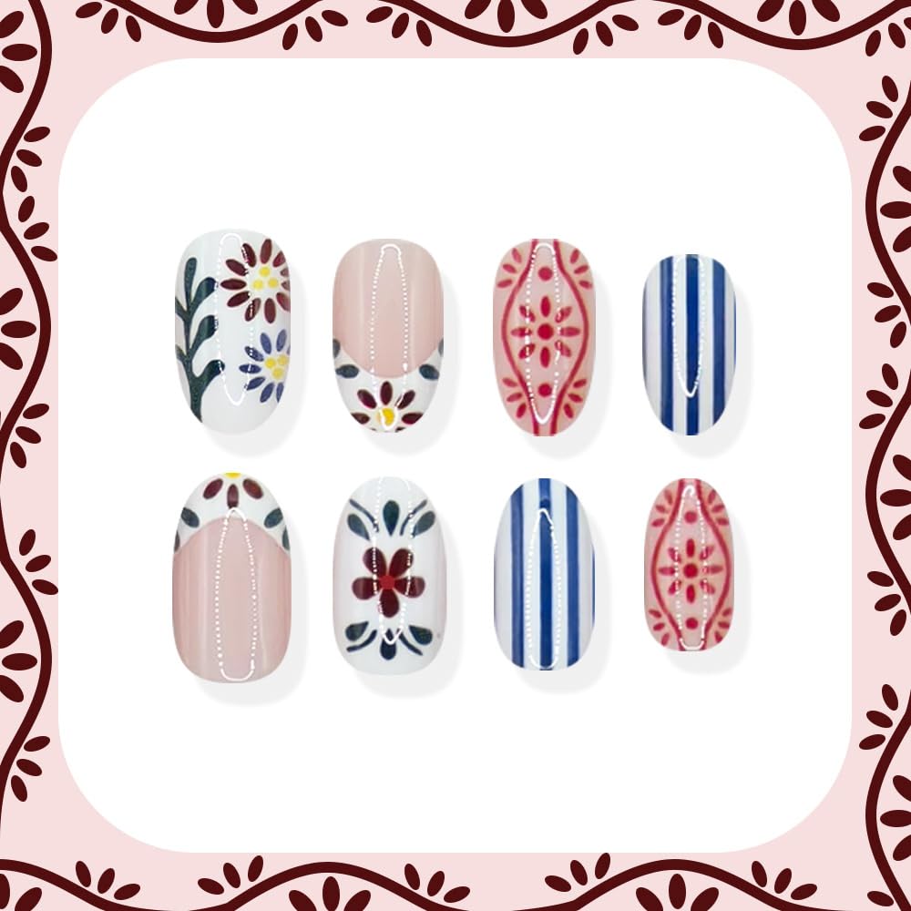 Spring Summer Press on Nails Medium Oval Fake Nails French Tip False Nail with Designs Striped | Leaves | Flowers,Cute Reusable Glue on Nail Full Cover Stick on Nails for Women Manicure 24Pcs