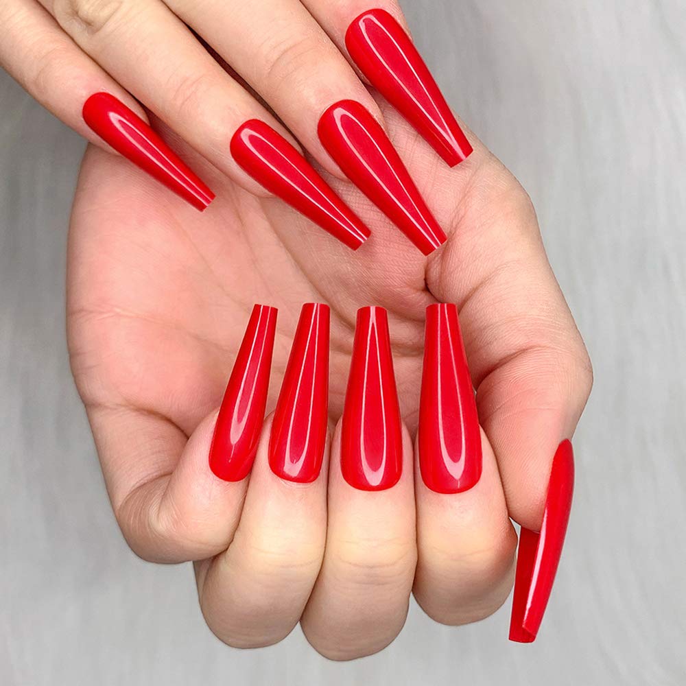Ballerina Long Coffin Glossy Fake Nails - 24pcs Red Press-On Nail Tips for Women