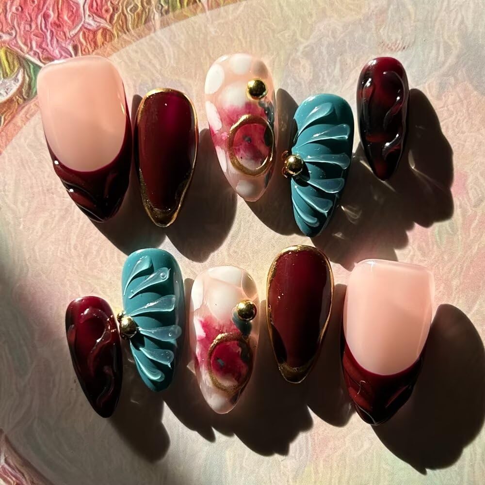 Fall Press On Nails - Handmade Gel Almond Fake Nails, Brown Art Design | Reusable 10 Pcs Acrylic Kit (Size S)
