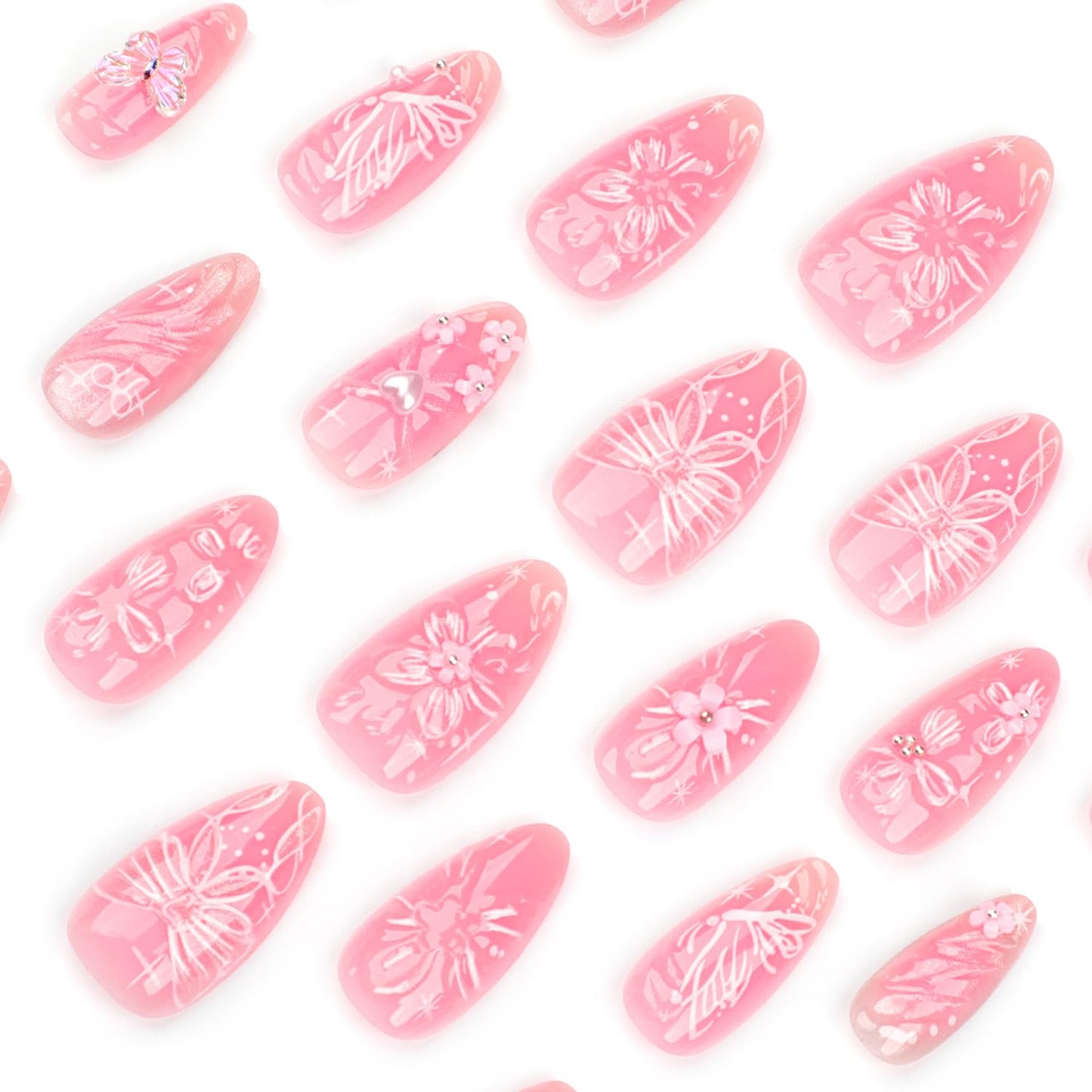 Pink Press-On Nails - 24 Pcs Medium Almond Floral Designs with 3D Flowers & Butterflies | Spring Summer Acrylic Set