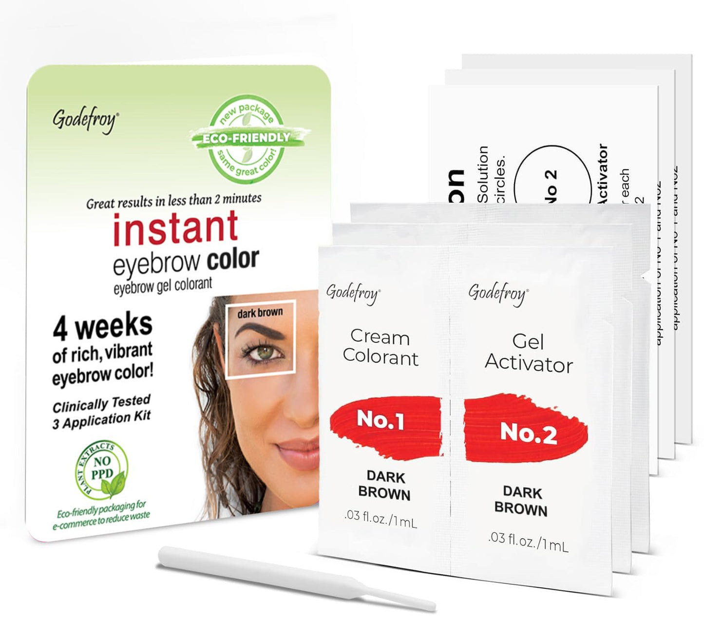 Godefroy Fast Acting Temporary Instant Brow Color, 3 Applications Per Package, Salon Quality Results, Dark Brown