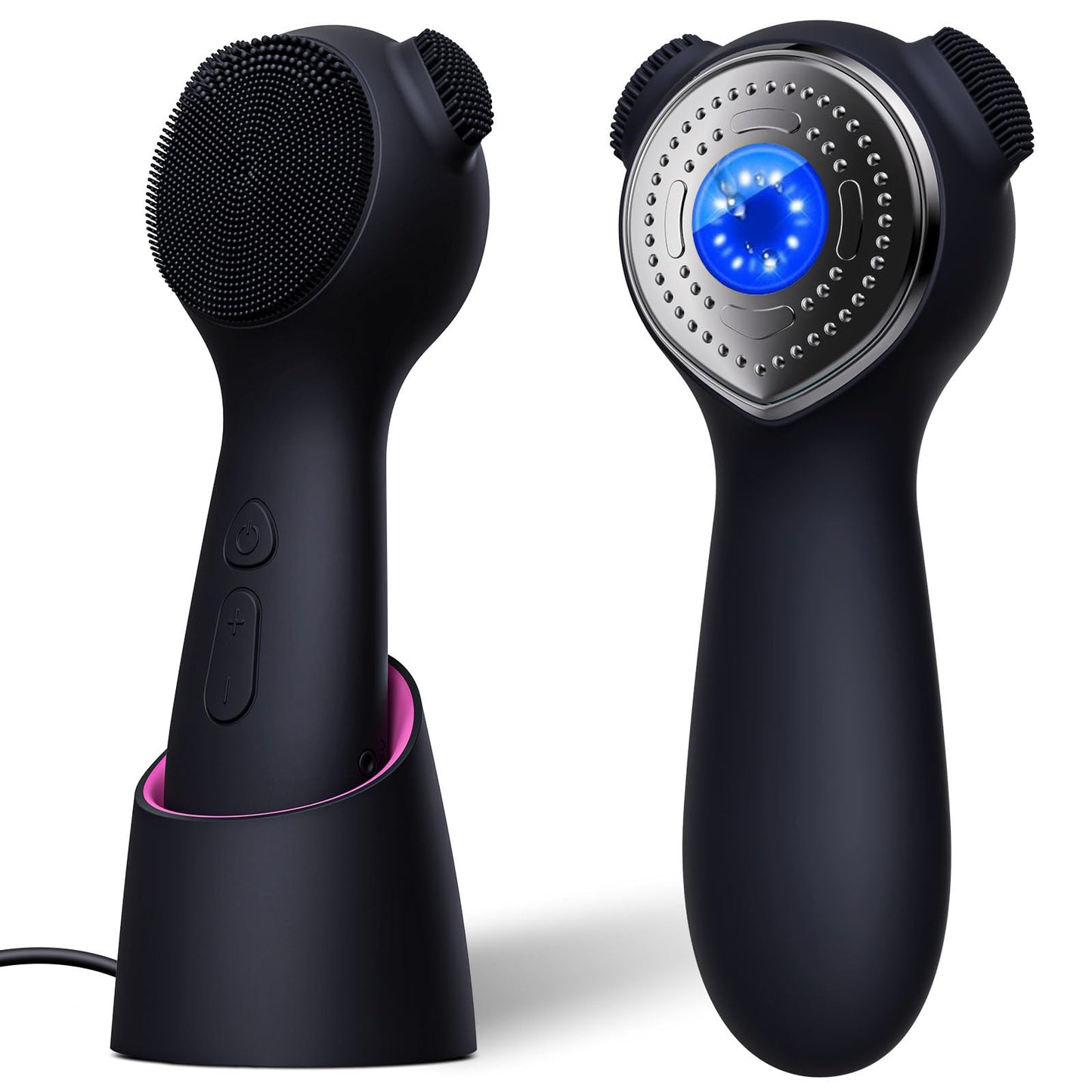 Silicone Face Scrubber Exfoliator Electric for Men Women, Rechargeable Facial Cleansing Brush with Wireless Charging Dock, Waterproof Sonic Vibrating Face Scrub Brush Cleanser for Exfoliating, Black