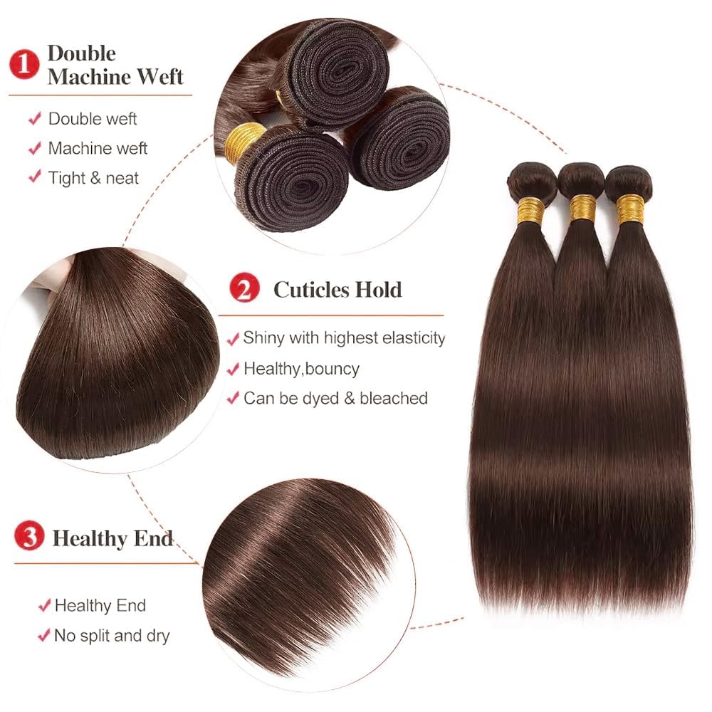 30 32 34 inch Color #4 Human Hair Bundle Chocolate Brown Straight 3 Bundles 10A Real Brown Straight Human Hair Extensions #4 Color 150g