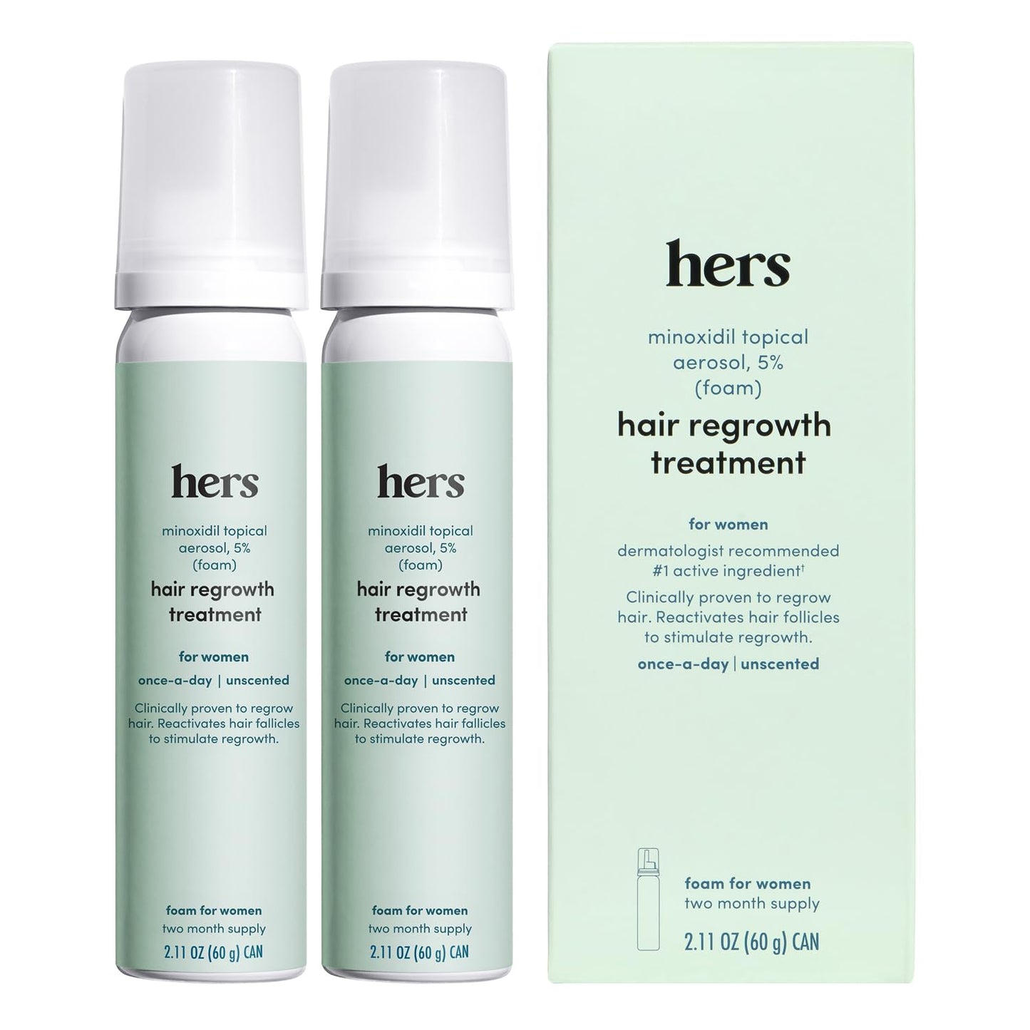 hers Hair Regrowth Treatment - Topical Minoxidil 5% Foam for Women - Extra Strength - Supports Thicker, Fuller Hair - Non-Greasy - Unscented, 2 Pack
