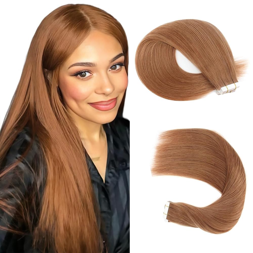 Color #30 Tape In Hair Extensions Human Hair Invisible Light Brown Straight Hair Extensions 12 Inch HuxoWax Double Weft Hair Weave