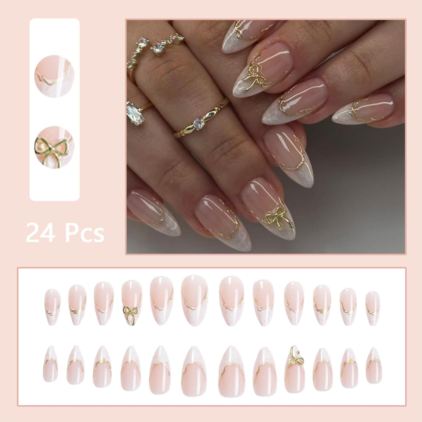 French Tip Press-On Nails - 24pcs Medium Almond Acrylic Design with 3D Bow & Gold Line | Full Cover Nail Kit for Women