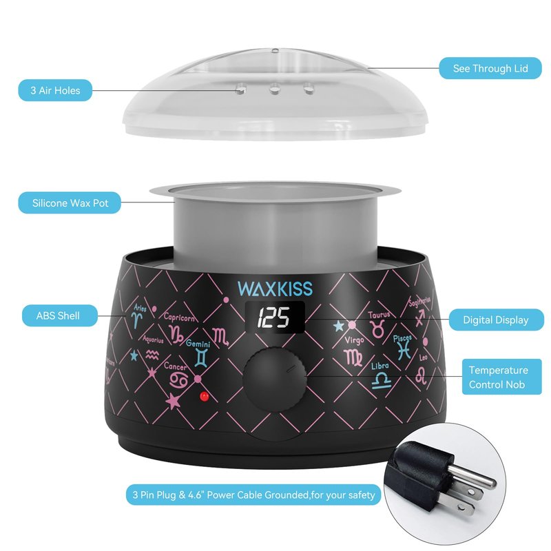Waxkiss Digital Wax Warmer, 14oz Non-Stick Silicone Pot Hair Removal Heater, Zodiac Prints, Adjustable Temperature with See-Through Lid for Women Men