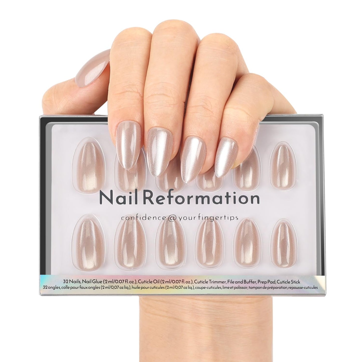 Ombre Blue Velvet Shimmer Press-On Nails | Medium Almond Glitter French Tips - 30 Nail Kit with Glue, Reusable in 15 Sizes